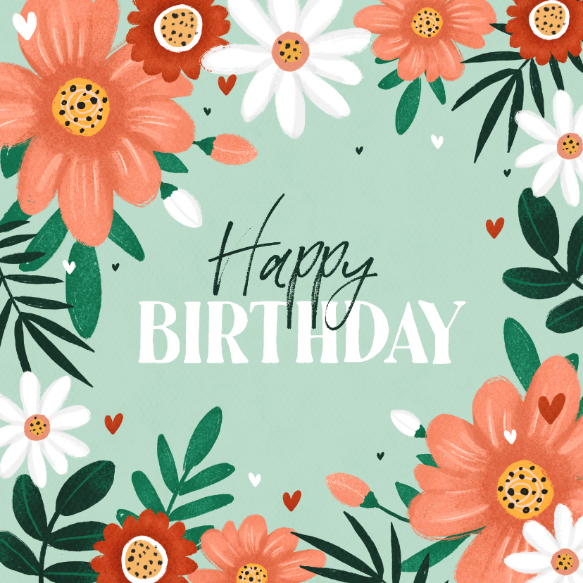 Verjaardagskaart Vrouw Bloemen Hartjes Happy | Kaartje2Go