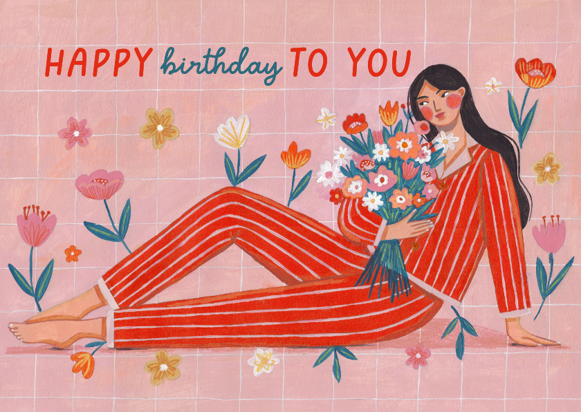Verjaardagskaarten - Verjaardagskaart vrouw bloemen illustratie modern stijlvol