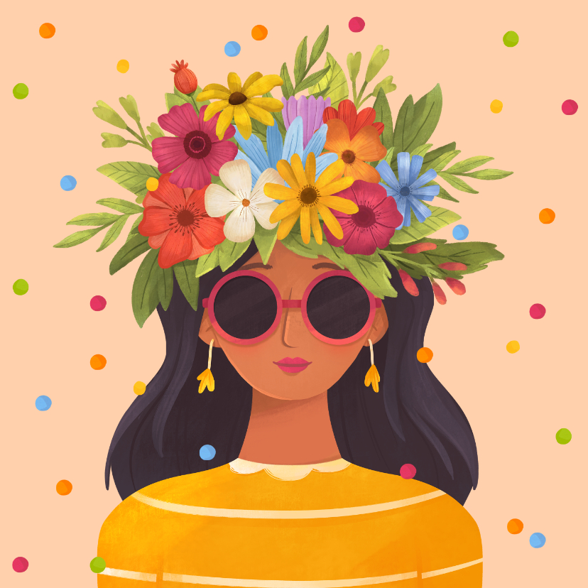 Verjaardagskaarten - Verjaardagskaart vrouw bloemen kleurrijk confetti