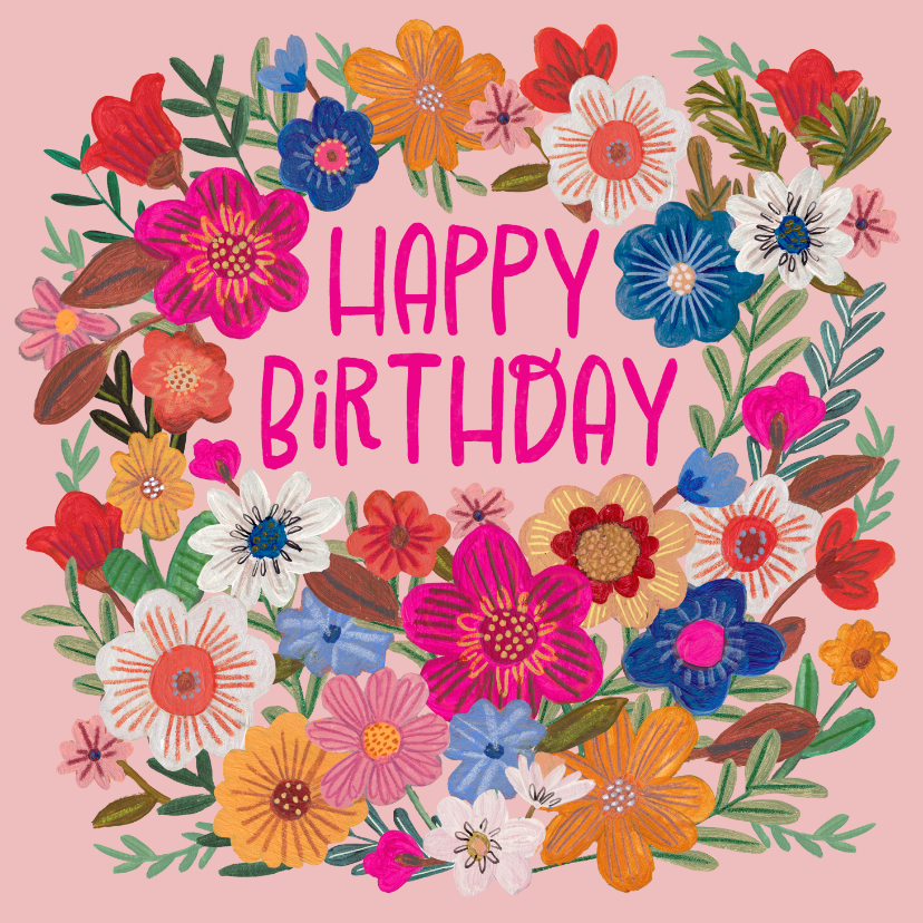 Verjaardagskaarten - Verjaardagskaart vrouw bloemenkrans kleurrijke illustratie