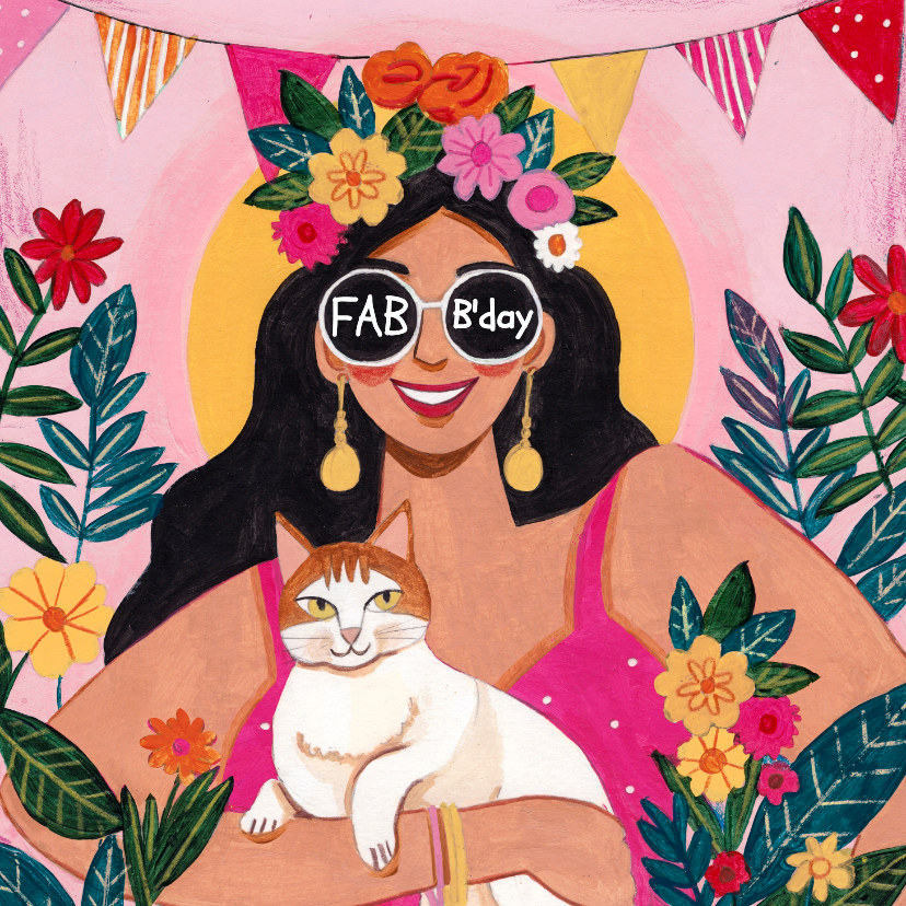 Verjaardagskaart vrouw 'fabulous birthday' bloemen en poes - Verjaardagskaarten Verjaardagskaarten - Verjaardagskaart vrouw 'fabulous birthday' bloemen en poes
