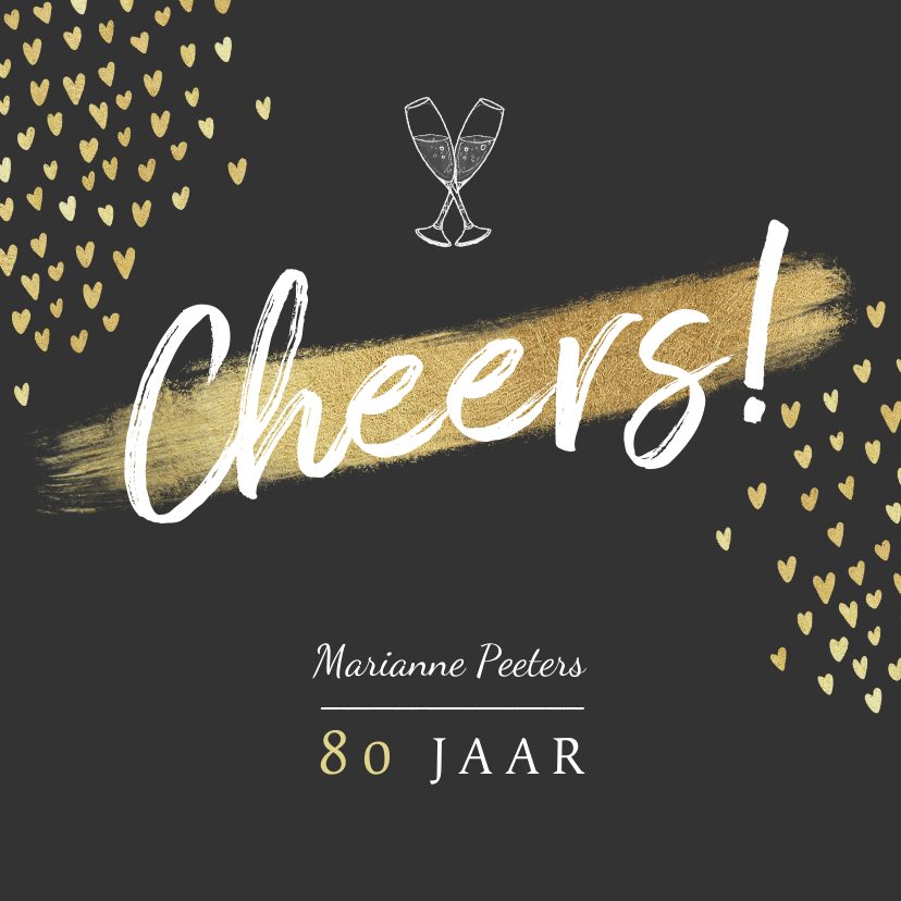 Verjaardagskaarten - Verjaardagskaart vrouw goud cheers hartjes