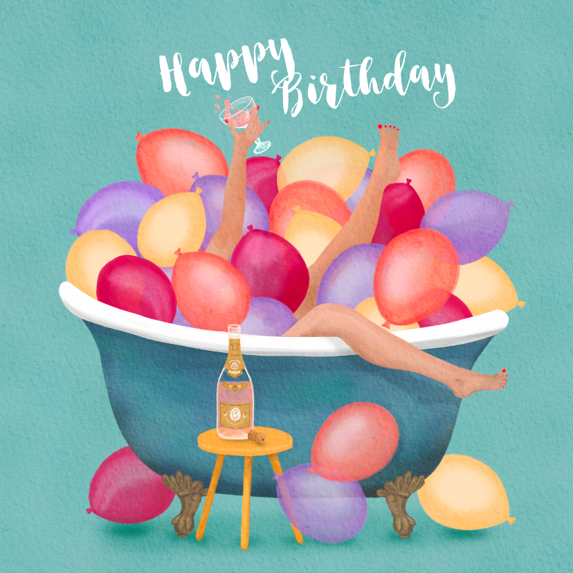 Verjaardagskaarten - Verjaardagskaart vrouw in bad met ballonnen en bubbels