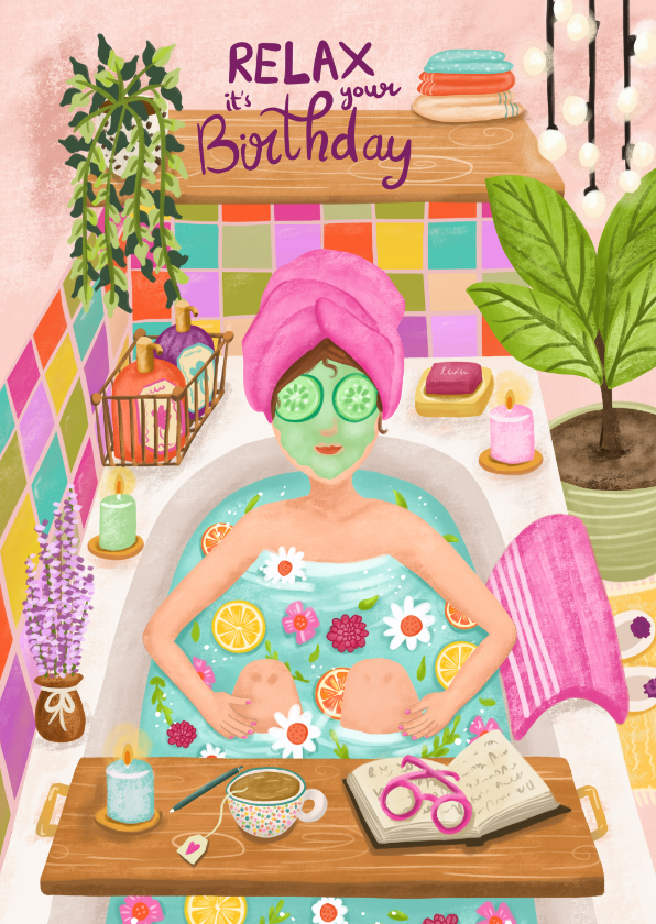 Verjaardagskaarten - Verjaardagskaart vrouw in bad met boek en bloemen