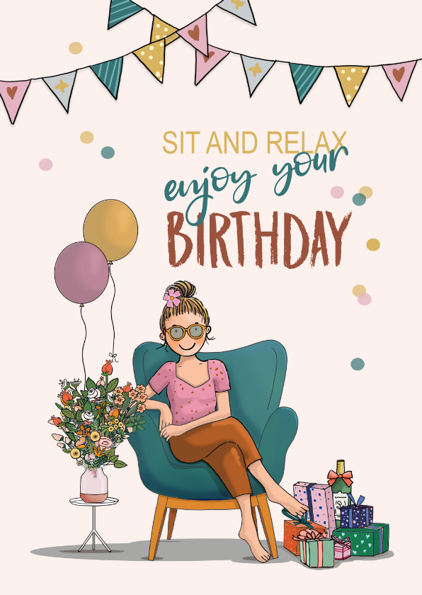 Verjaardagskaarten - Verjaardagskaart vrouw in relaxstoel