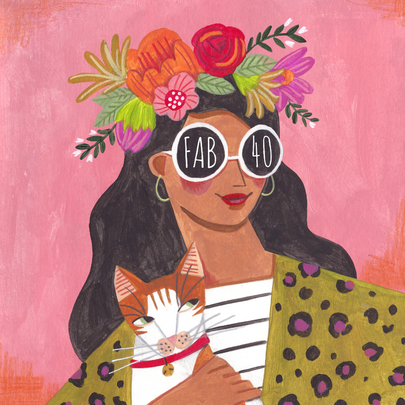 Verjaardagskaarten - Verjaardagskaart vrouw kat bloemen zonnebril illustratie