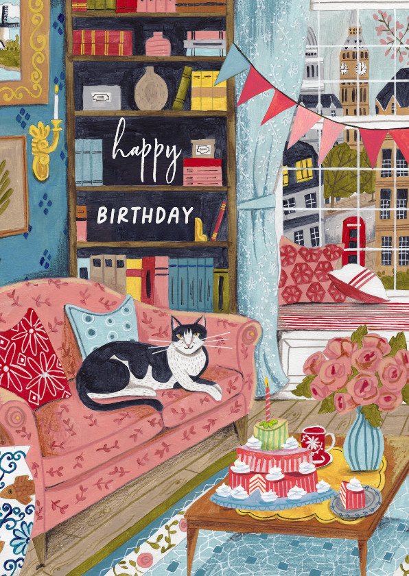 Verjaardagskaarten - Verjaardagskaart vrouw kat Londen illustratie