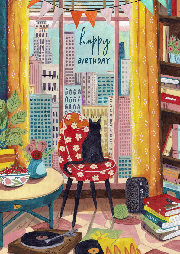 Verjaardagskaarten - Verjaardagskaart vrouw kat New York illustratie