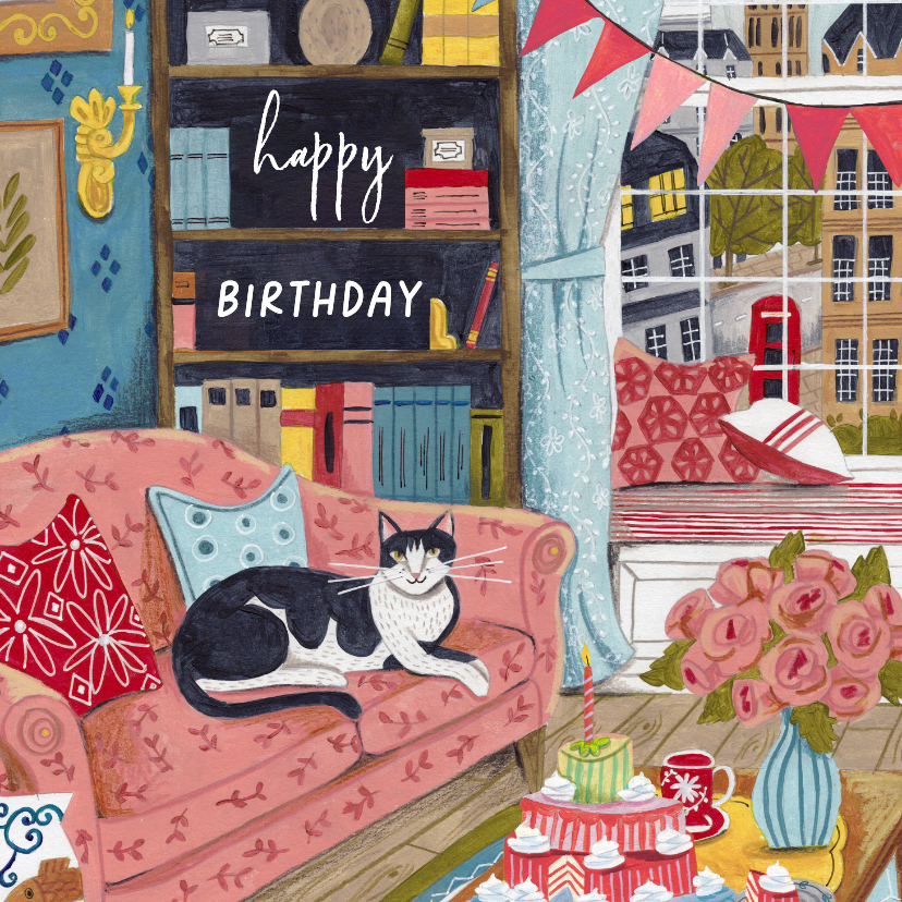 Verjaardagskaarten - Verjaardagskaart vrouw kat op de bank in Londen