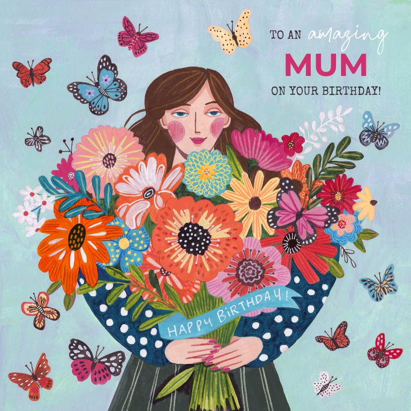 Verjaardagskaarten - Verjaardagskaart vrouw met bos bloemen 'Mum you're amazing'