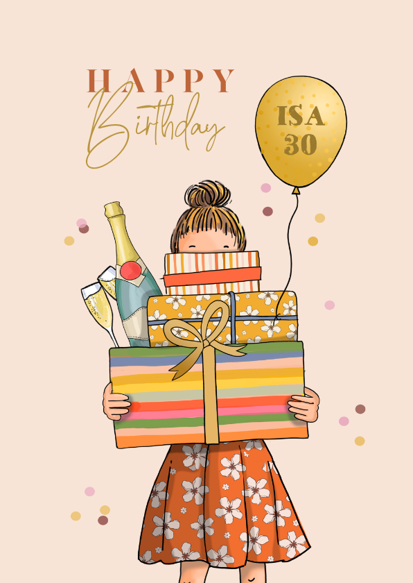 Verjaardagskaarten - Verjaardagskaart vrouw met cadeautjes en ballon