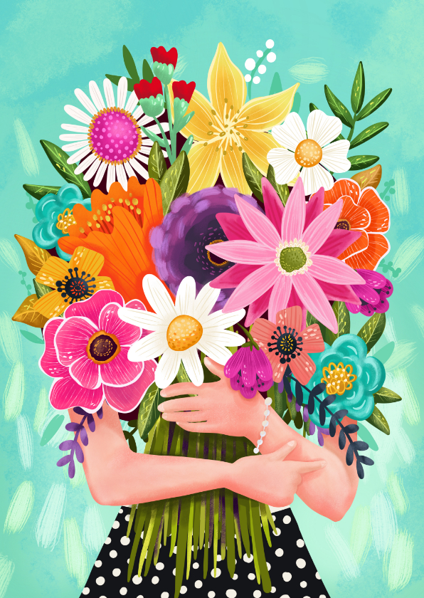 Verjaardagskaarten - Verjaardagskaart vrouw met een boeket kleurrijke bloemen