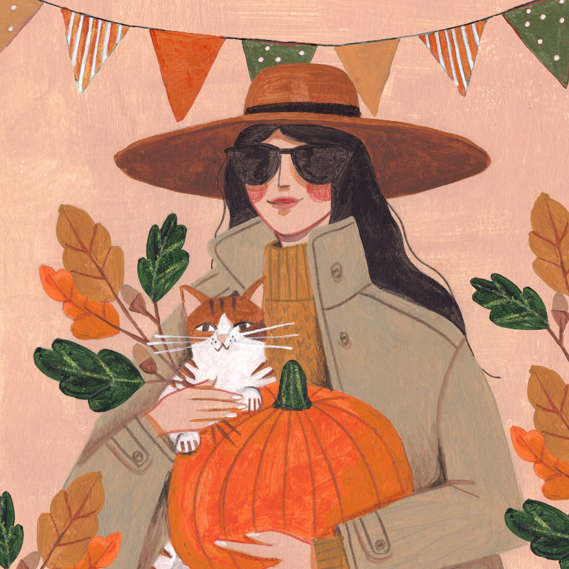 Verjaardagskaart vrouw met kat en pompoen in de herfst - Verjaardagskaarten Verjaardagskaarten - Verjaardagskaart vrouw met kat en pompoen in de herfst