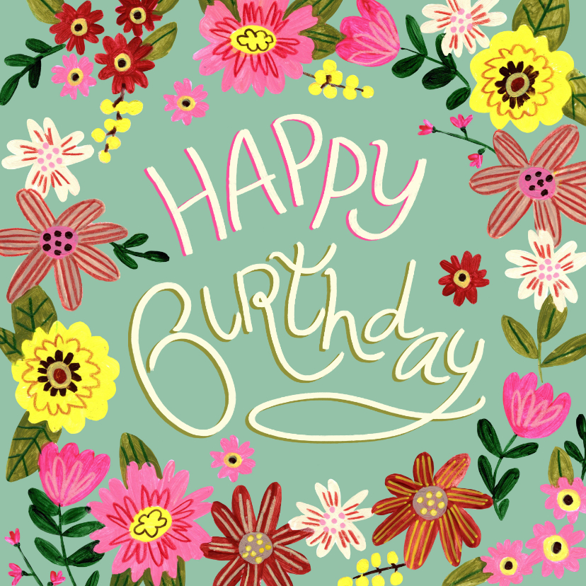 Verjaardagskaart vrouw moderne bloemen illustratie - Verjaardagskaarten Verjaardagskaarten - Verjaardagskaart vrouw moderne bloemen illustratie