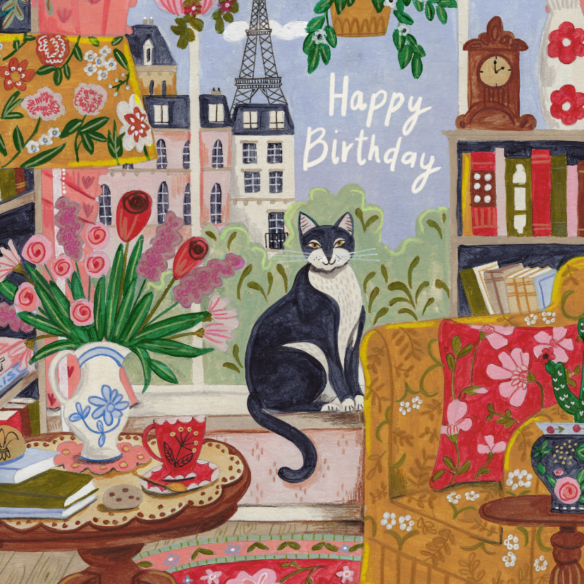 Verjaardagskaarten - Verjaardagskaart vrouw poes in het raam in Parijs