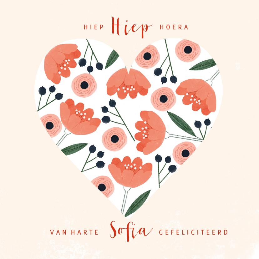 Verjaardagskaart vrouw roze bloemen in hart met naam - Verjaardagskaarten Verjaardagskaarten - Verjaardagskaart vrouw roze bloemen in hart met naam