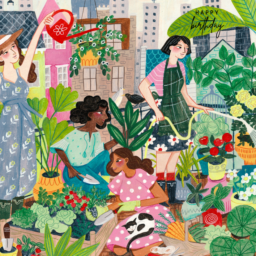 Verjaardagskaarten - Verjaardagskaart vrouw tuinieren natuur illustratie