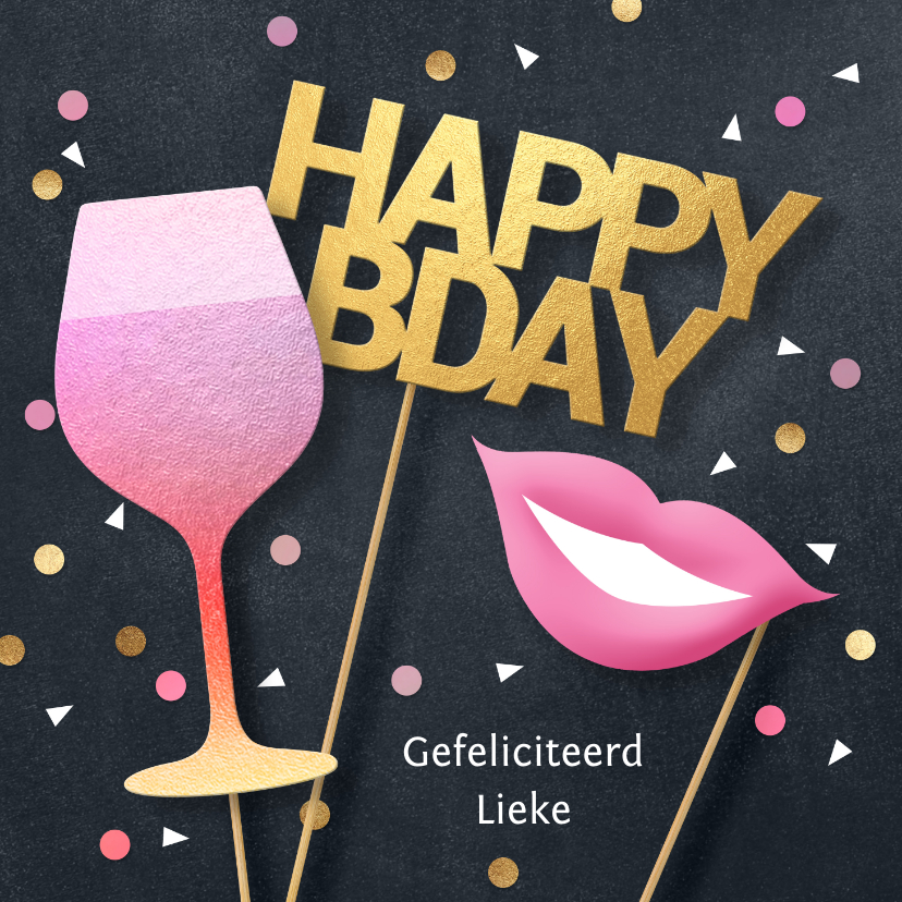 Verjaardagskaarten - Verjaardagskaart vrouw wijn en confetti props 