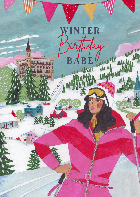 Verjaardagskaart winter vrouw in skipak - Verjaardagskaarten Verjaardagskaarten - Verjaardagskaart winter vrouw in skipak