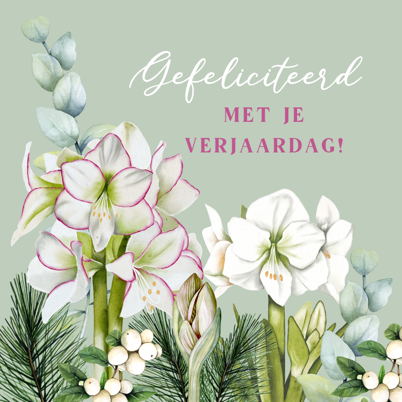 Verjaardagskaarten - Verjaardagskaart witte amaryllisbloemen eucalyptus