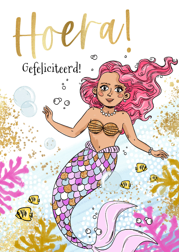 Verjaardagskaarten - Verjaardagskaart zeemeermin illustratie goud visjes