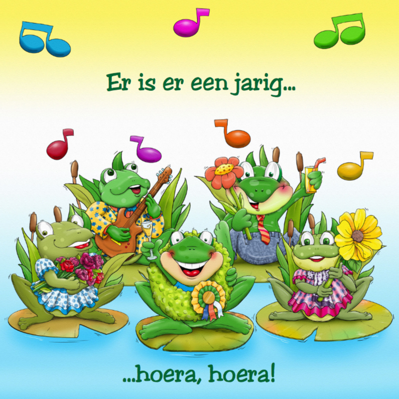 Verjaardagskaart Zingende kikkers, die iemand feliciteren - Verjaardagskaarten Verjaardagskaarten - Verjaardagskaart Zingende kikkers, die iemand feliciteren