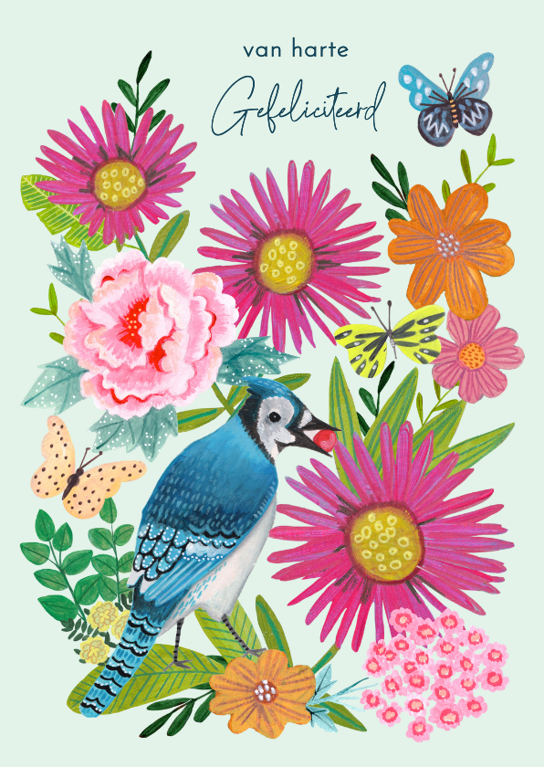 Verjaardagskaarten - Verjaardagskaart zomer bloemen met vlinders en vogel