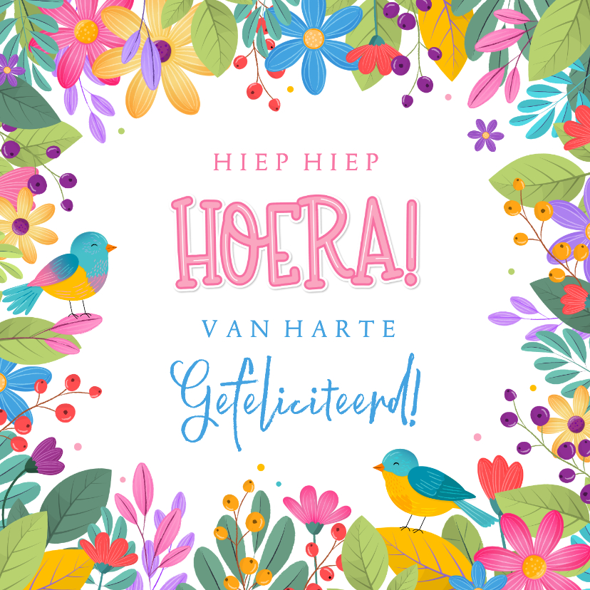 Verjaardagskaart zomers botanisch kleurrijk met vogels - Verjaardagskaarten Verjaardagskaarten - Verjaardagskaart zomers botanisch kleurrijk met vogels