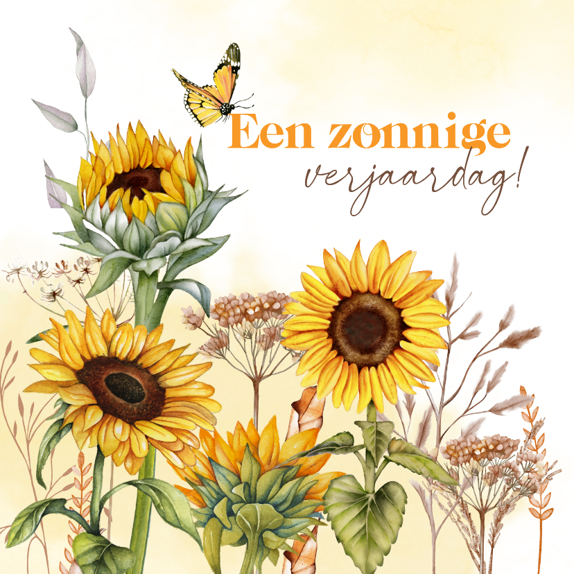 Verjaardagskaarten - Verjaardagskaart zonnebloemen vlinder