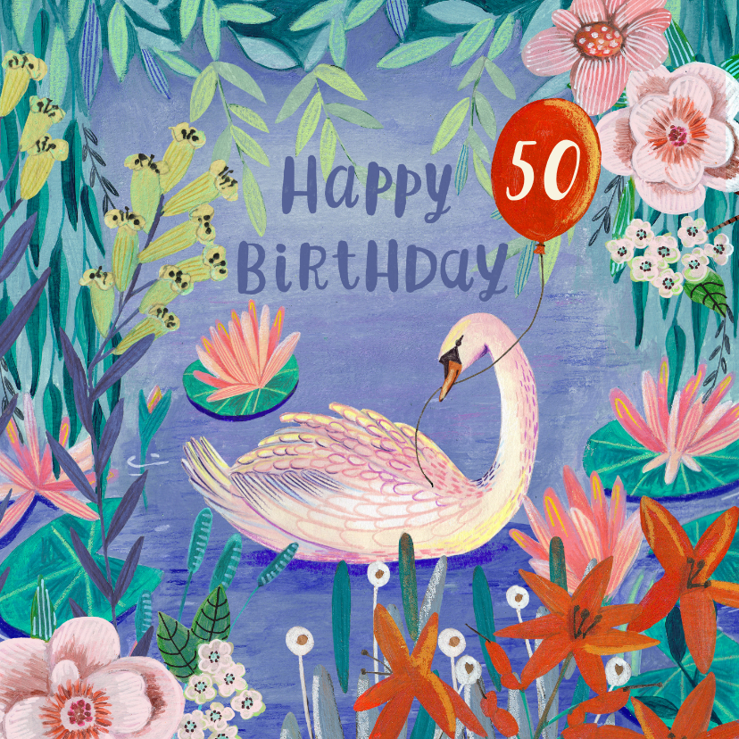 Verjaardagskaarten - Verjaardagskaart zwaan met ballon en bloemen