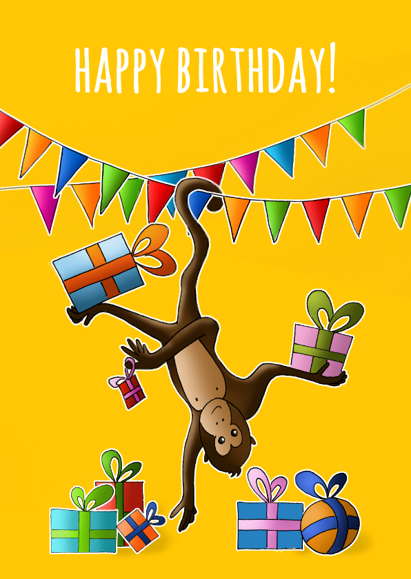 Verjaardagskaarten - Verjaardagskaarten Aap met cadeautjes