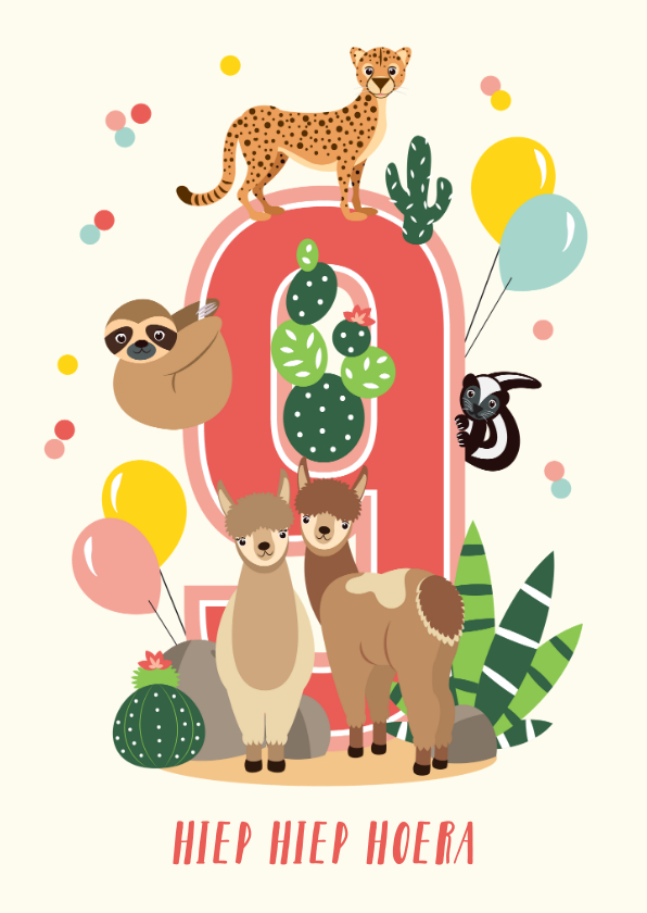 Dicteren Mysterie Intens Verjaardagskaartje 9 jaar met vrolijke alpaca's | Kaartje2go