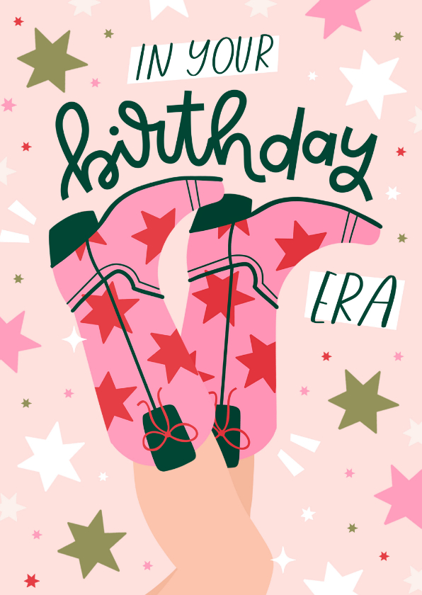 Verjaardagskaartje cowboylaarzen in your birthday era ster - Verjaardagskaarten Verjaardagskaarten - Verjaardagskaartje cowboylaarzen in your birthday era ster