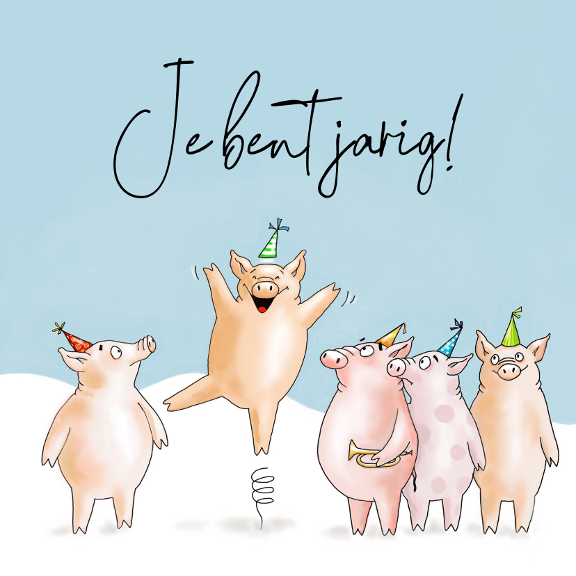 Verjaardagskaartje feestende feestvarkens - Verjaardagskaarten Verjaardagskaarten - Verjaardagskaartje feestende feestvarkens