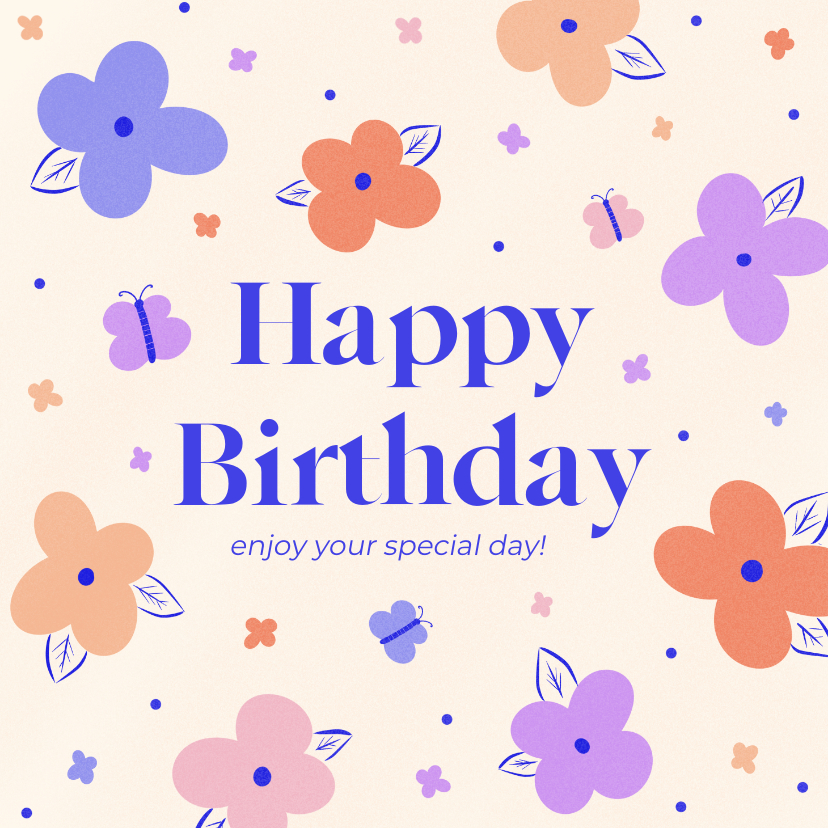 Verjaardagskaarten - Verjaardagskaartje happy birthday met bloemen en vlinders