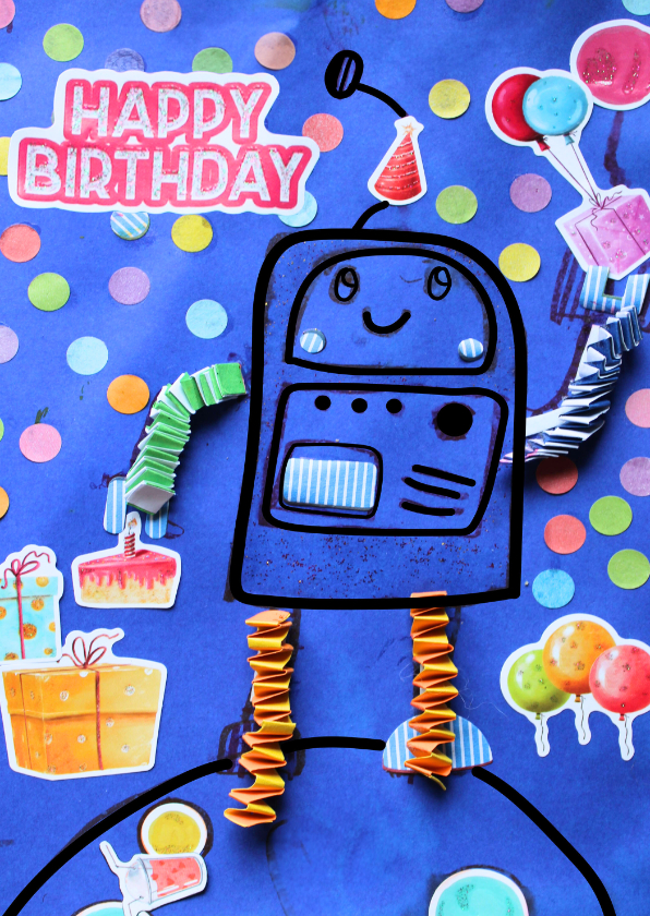 Verjaardagskaarten - Verjaardagskaartje happy birthday robot