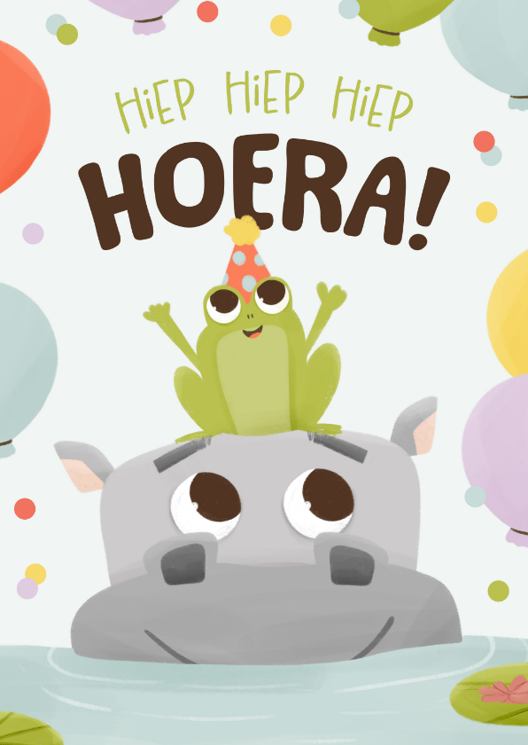 Verjaardagskaarten - Verjaardagskaartje kind met nijlpaard en kikker ballonnen