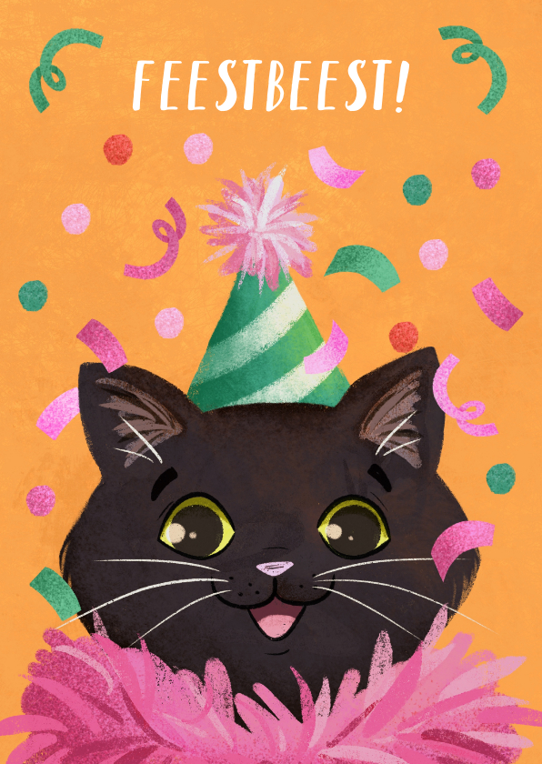 Verjaardagskaarten - Verjaardagskaartje met een schattige kat en confetti