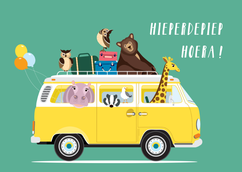 Verjaardagskaarten - Verjaardagskaartje met een VW busje vol diertjes
