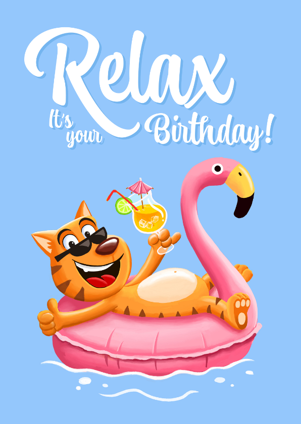 Verjaardagskaartje met relaxte kat in flamingo zwemband! - Verjaardagskaarten Verjaardagskaarten - Verjaardagskaartje met relaxte kat in flamingo zwemband!