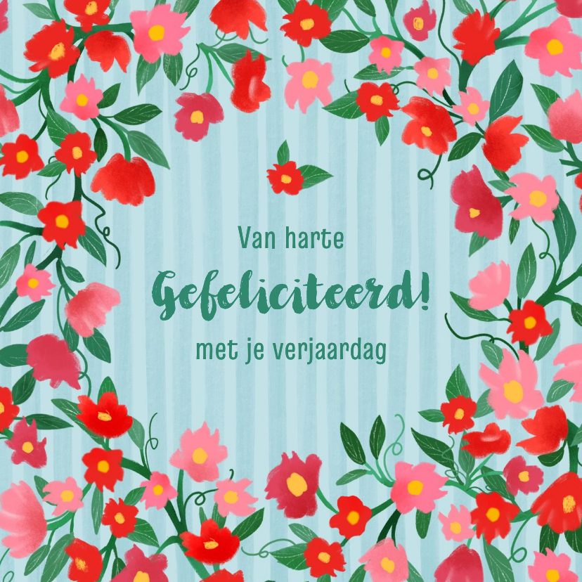 Verjaardagskaartje met roze/rode bloemen - Verjaardagskaarten Verjaardagskaarten - Verjaardagskaartje met roze/rode bloemen
