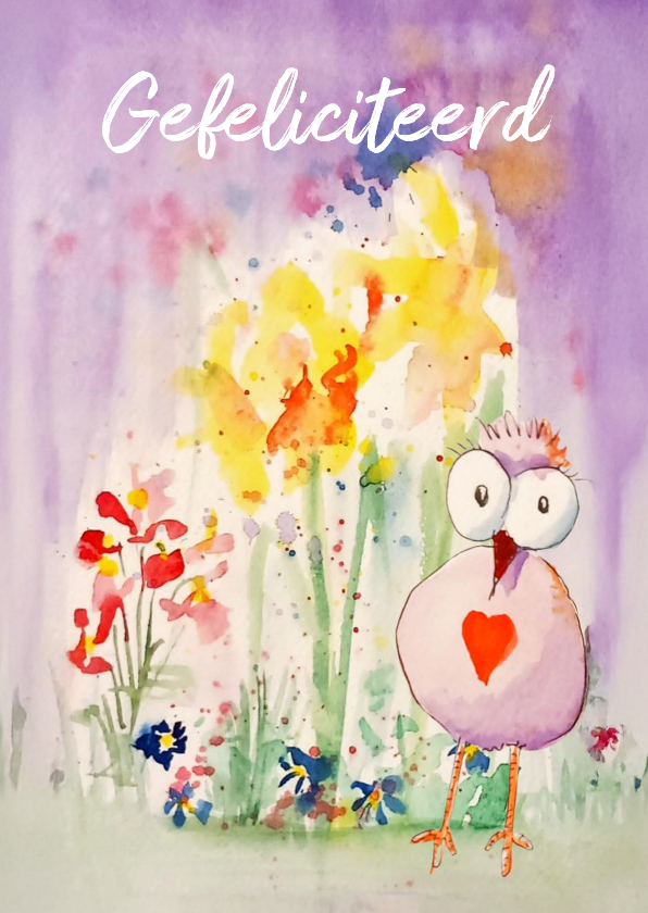 Verjaardagskaarten - Verjaarsdagkaart met bloemen en vogel