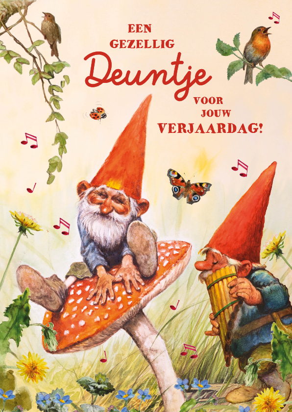 Verjaardagskaarten - Verjaarsdagskaart kabouters spelen een gezellig deuntje