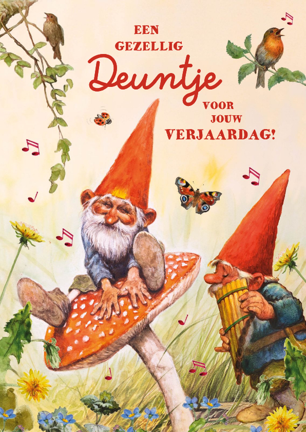 Verjaarsdagskaart kabouters spelen een gezellig deuntje - Verjaardagskaarten Verjaardagskaarten - Verjaarsdagskaart kabouters spelen een gezellig deuntje