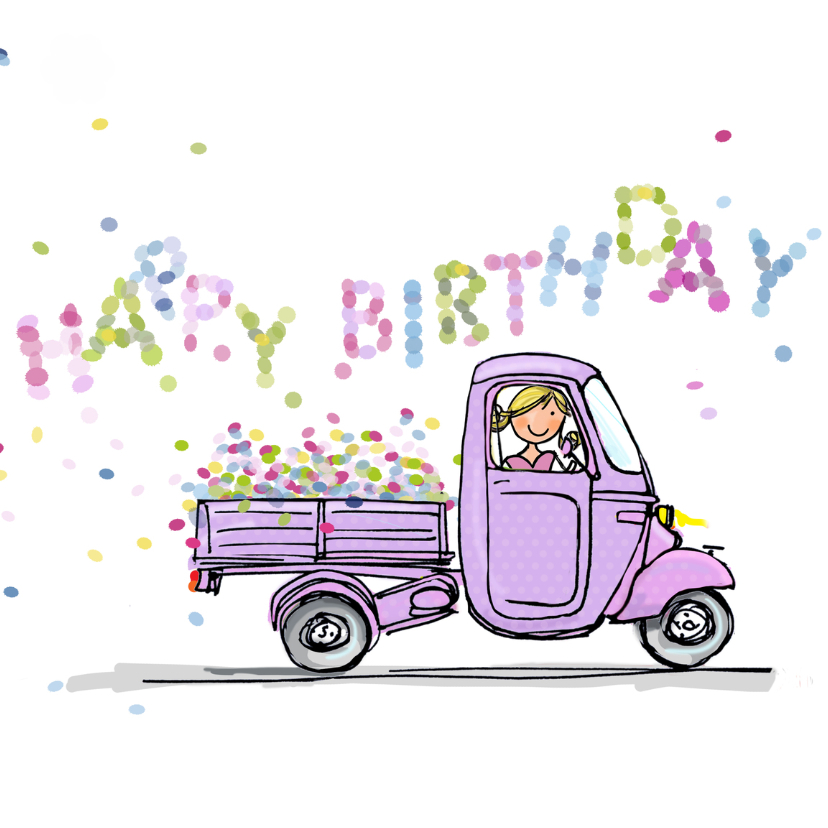 Vespa Ape met confetti - Verjaardagskaarten Verjaardagskaarten - Vespa Ape met confetti
