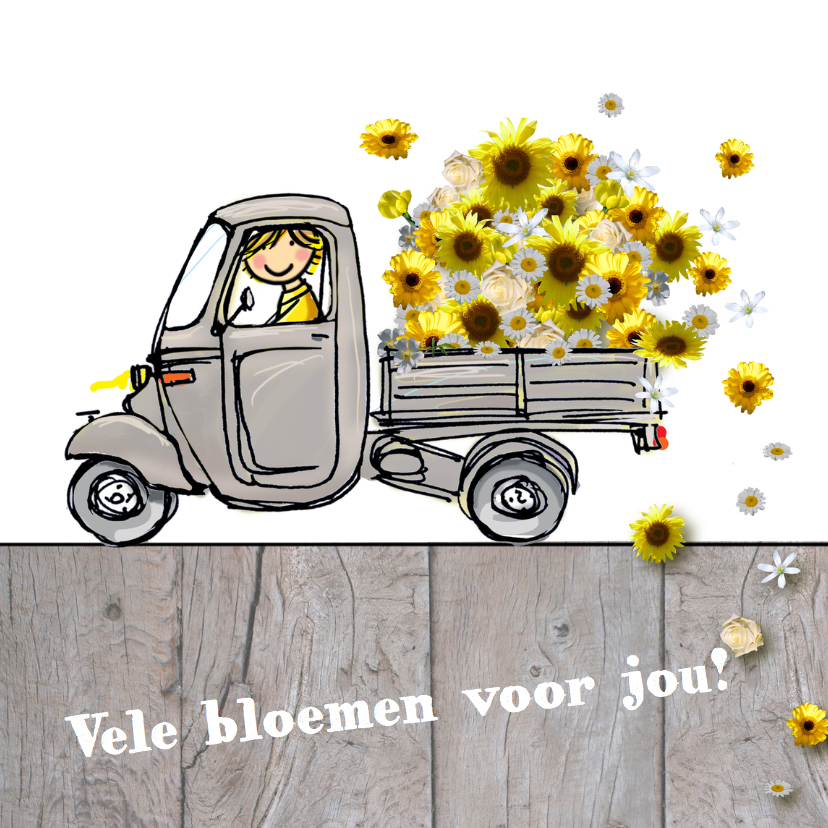 Vespa Ape met gele bloemen - Verjaardagskaarten Verjaardagskaarten - Vespa Ape met gele bloemen