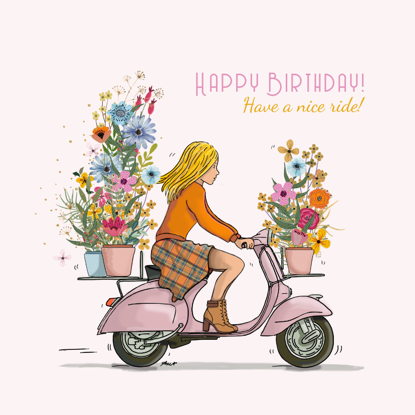 Verjaardagskaarten - Vespa scooter meisje tulpen