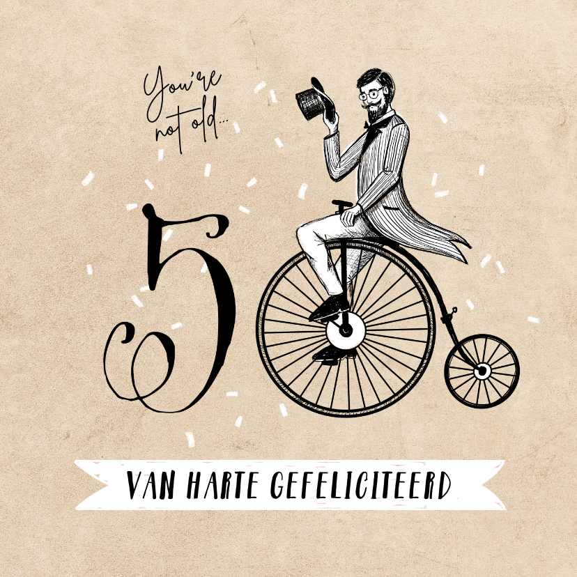 Vintage verjaardagskaart 50 jaar fiets man confetti - Verjaardagskaarten Verjaardagskaarten - Vintage verjaardagskaart 50 jaar fiets man confetti