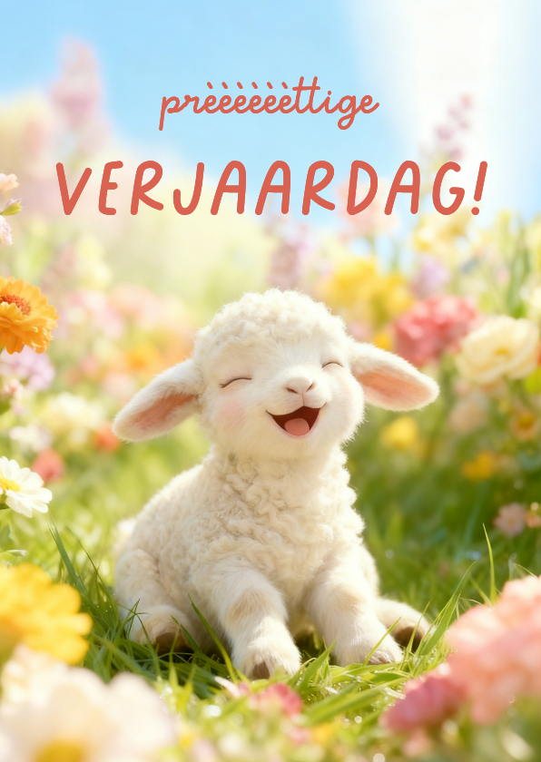 Verjaardagskaarten - Vrolijk lente verjaardagskaartje met lam en bloemen