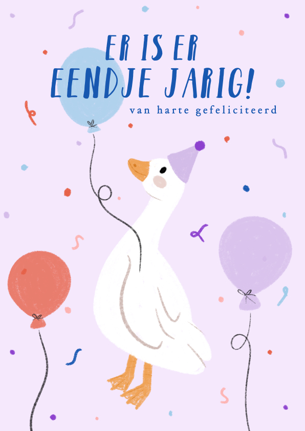 Vrolijk verjaardagskaartje in lila met eend en confetti - Verjaardagskaarten Verjaardagskaarten - Vrolijk verjaardagskaartje in lila met eend en confetti